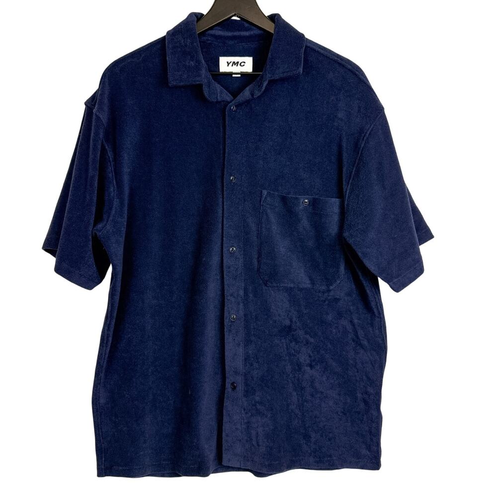 YMC You Must Create Mens Terry Cloth Button Up Shirt Navy Blue - S